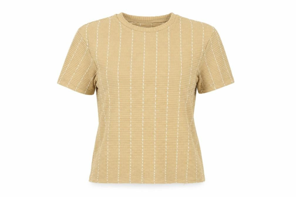 Front view of Zara Women's Beige Striped Basic T-Shirt, size 12