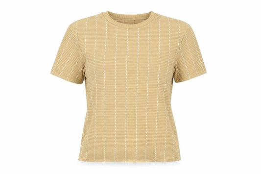 Front view of Zara Women's Beige Striped Basic T-Shirt, size 12