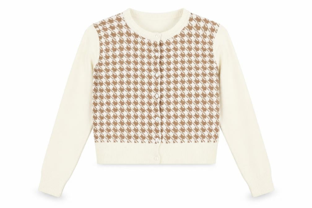 Front view of Boohoo Women's Beige Check Cardigan -, size L