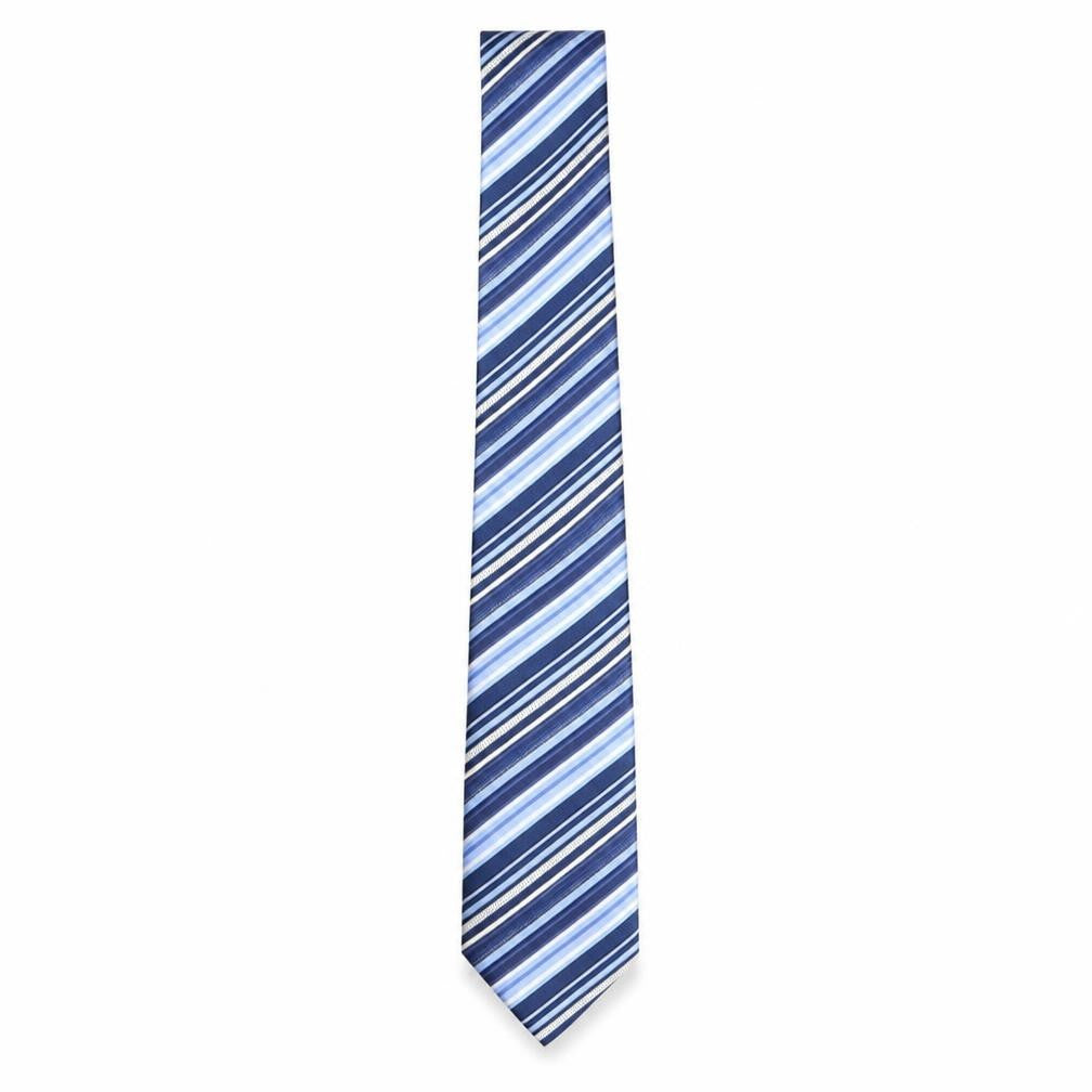 Front view of Tom English Men's Blue Striped Silk Designer Tie
