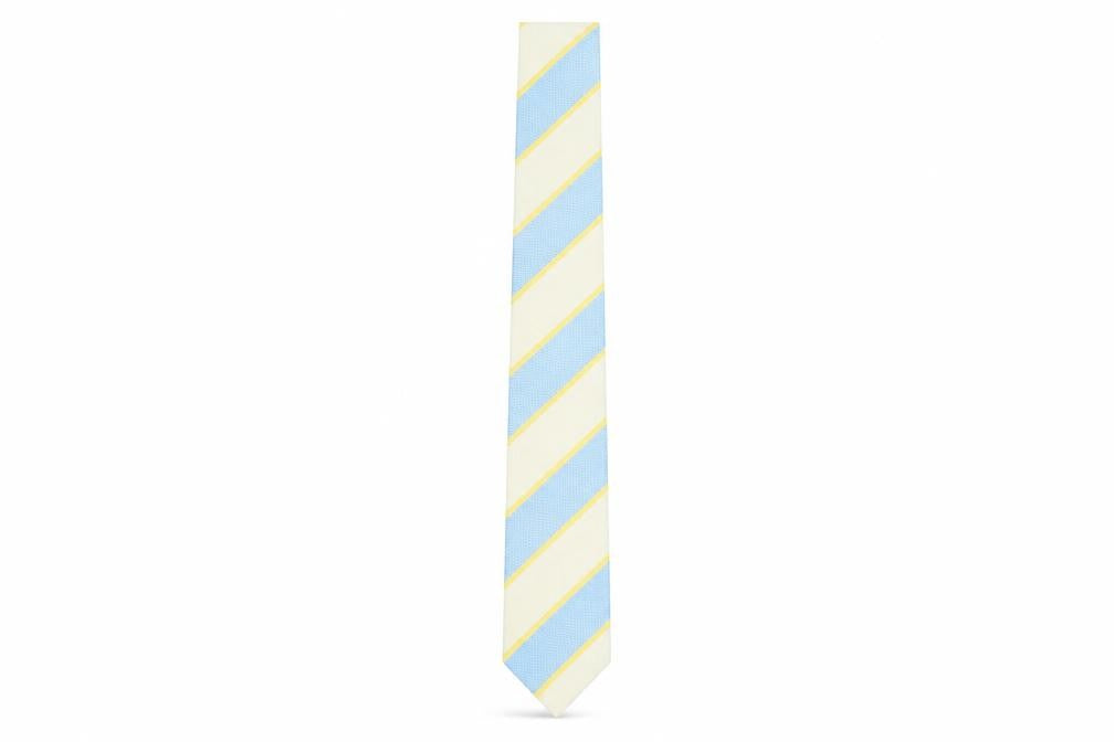 Front view of Francisco Barón Men's Blue Yellow Silk Striped Slim Tie