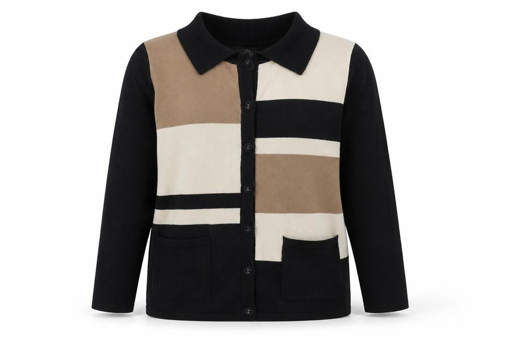 Front view of CMD women’s black xl geometric collared cardigan