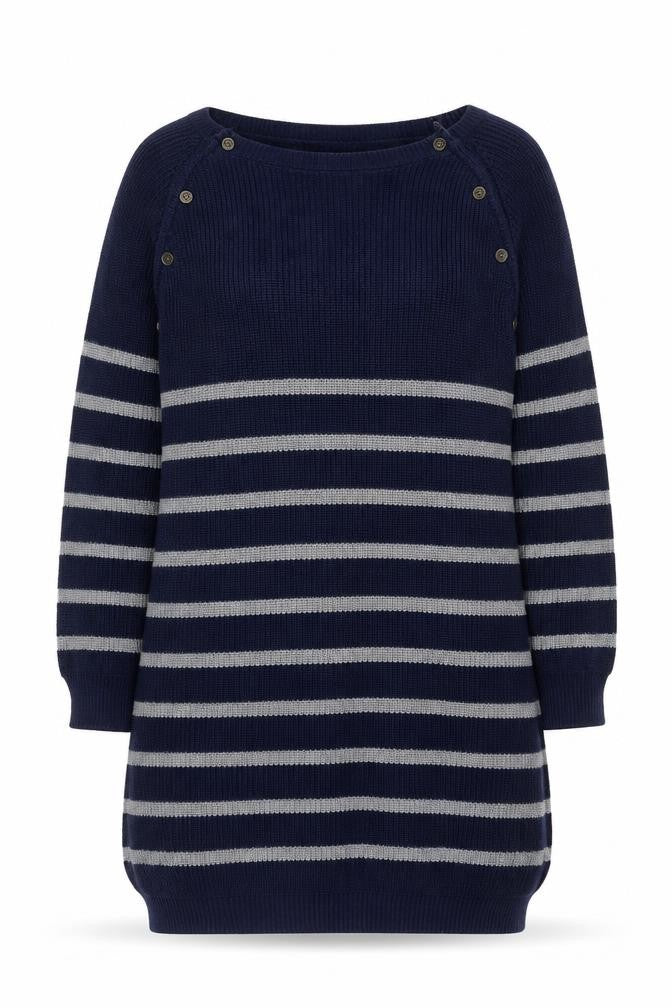Front view of JoJo Maman Bébé Women's Blue Striped Knit Jumper