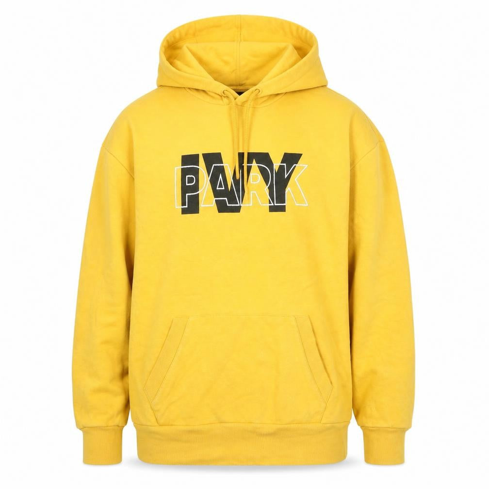 Front view of Ivy Park unisex yellow pullover hoodie - small