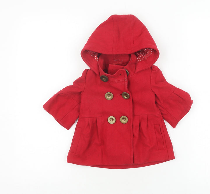 Next Girls Red Wool Blend Duffle Coat, Hooded, 6-12M