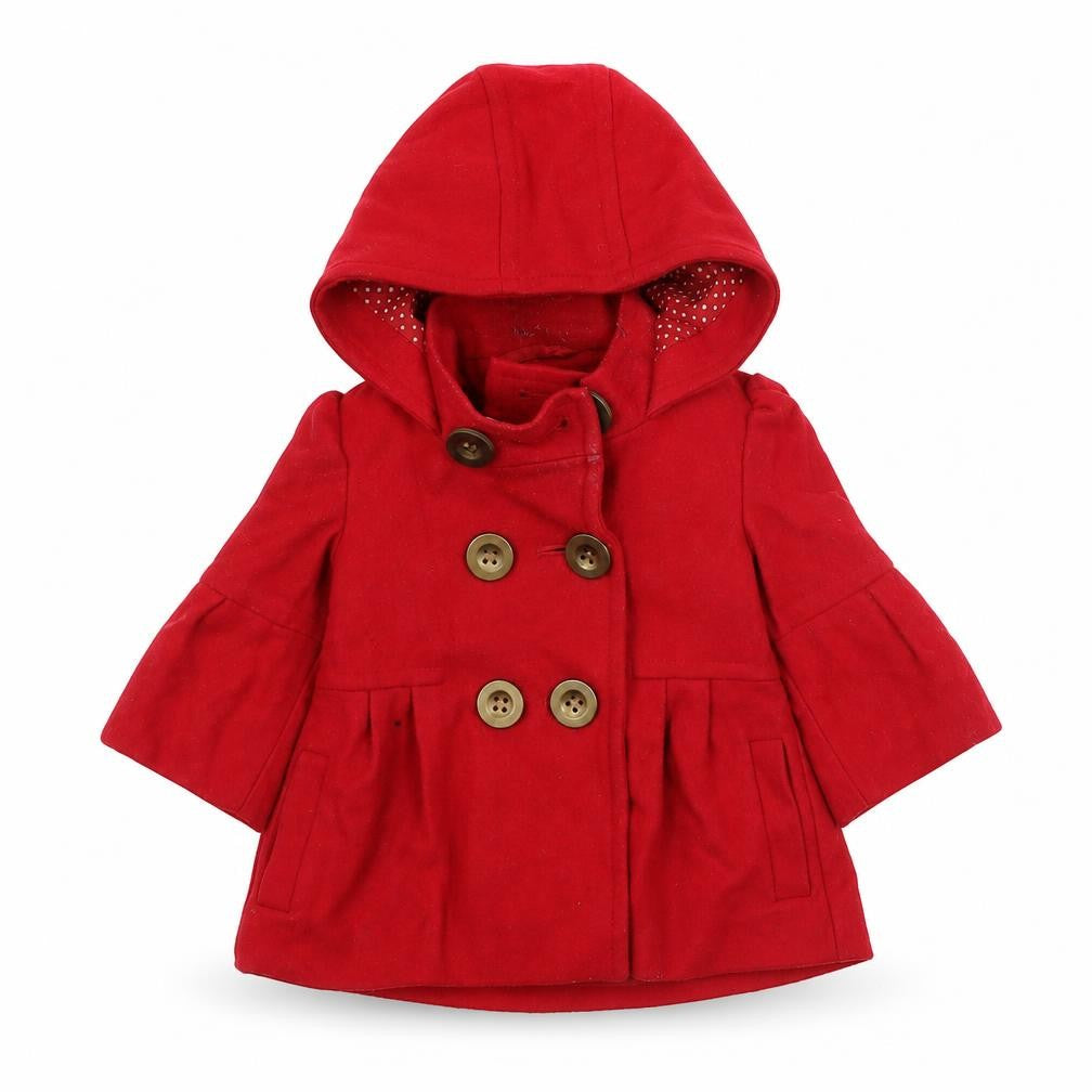 Front view of Next girls’ red wool blend duffle coat, hooded, 6-12m