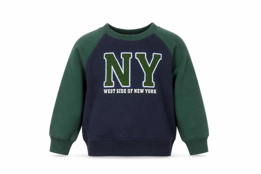 Front view of Zara boys’ blue and green ny sweatshirt, size 6-7, years