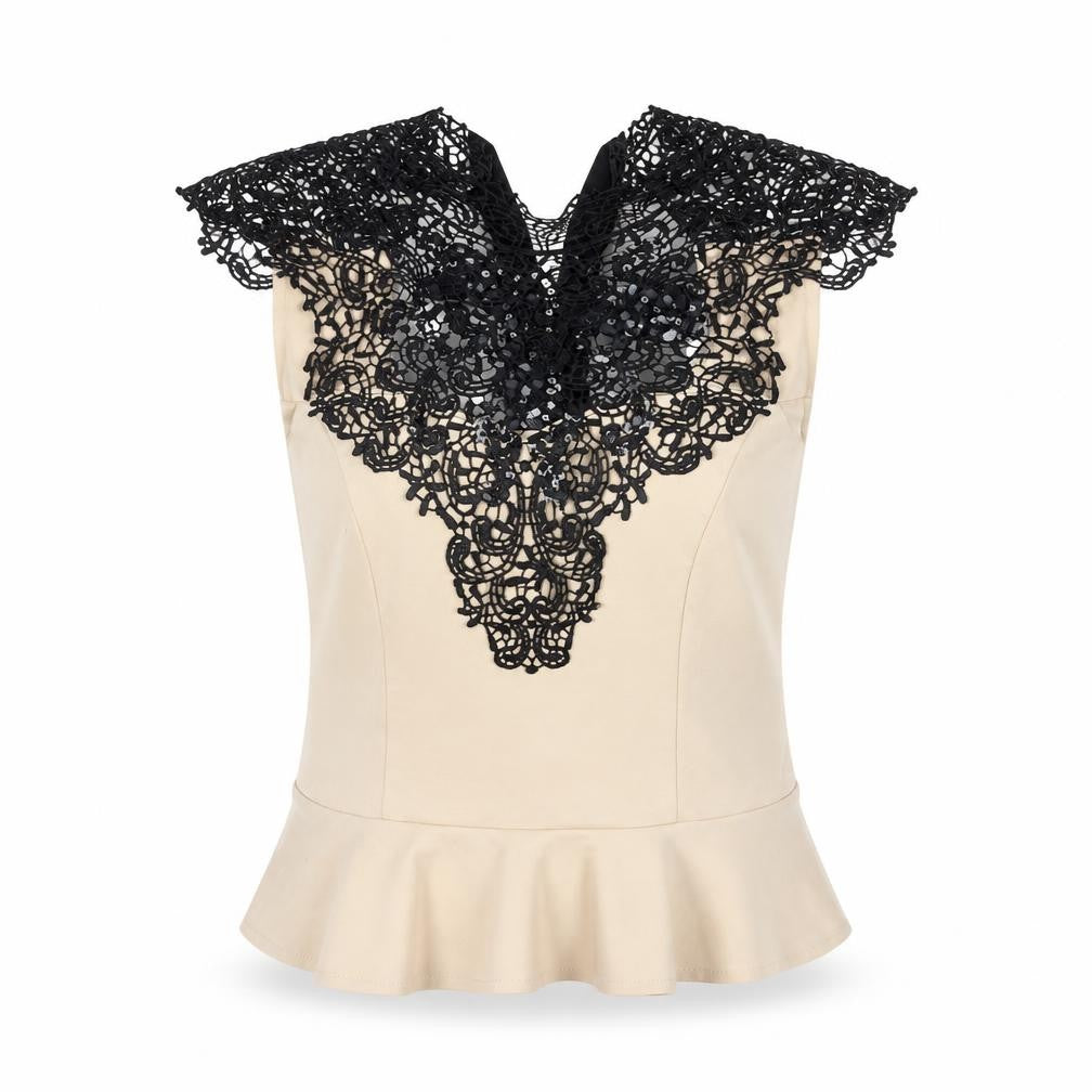 Front view of Lipsy Women's Beige Lace Collar Blouse, size 14