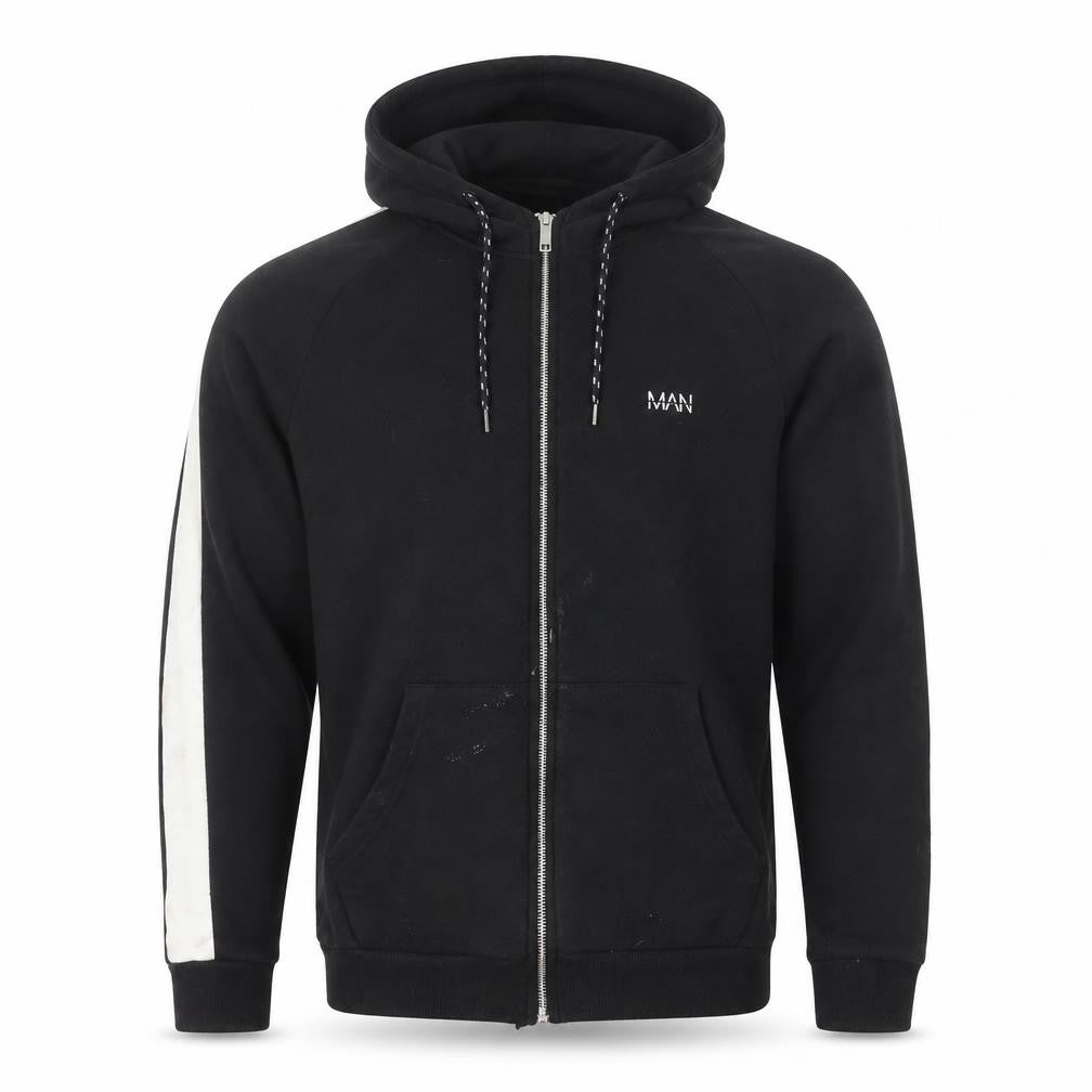 Front view of boohooMAN Men's Black Full Zip Hoodie M