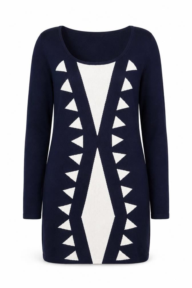 Front view of Quiz Women's Blue Geometric Jumper, size 12
