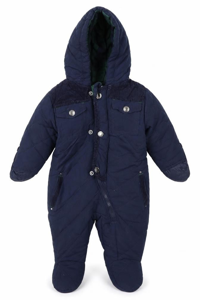 Front view of French Connection unisex blue snowsuit 3-6m quilted puffer