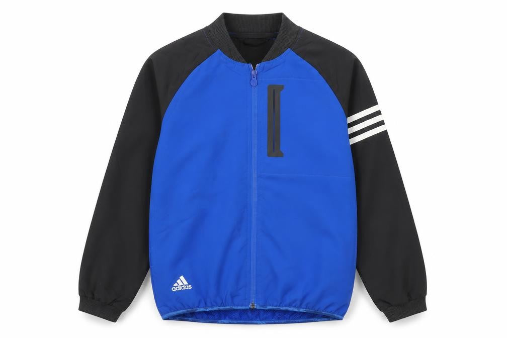 Front view of Adidas boys’ blue black track jacket 9-10y