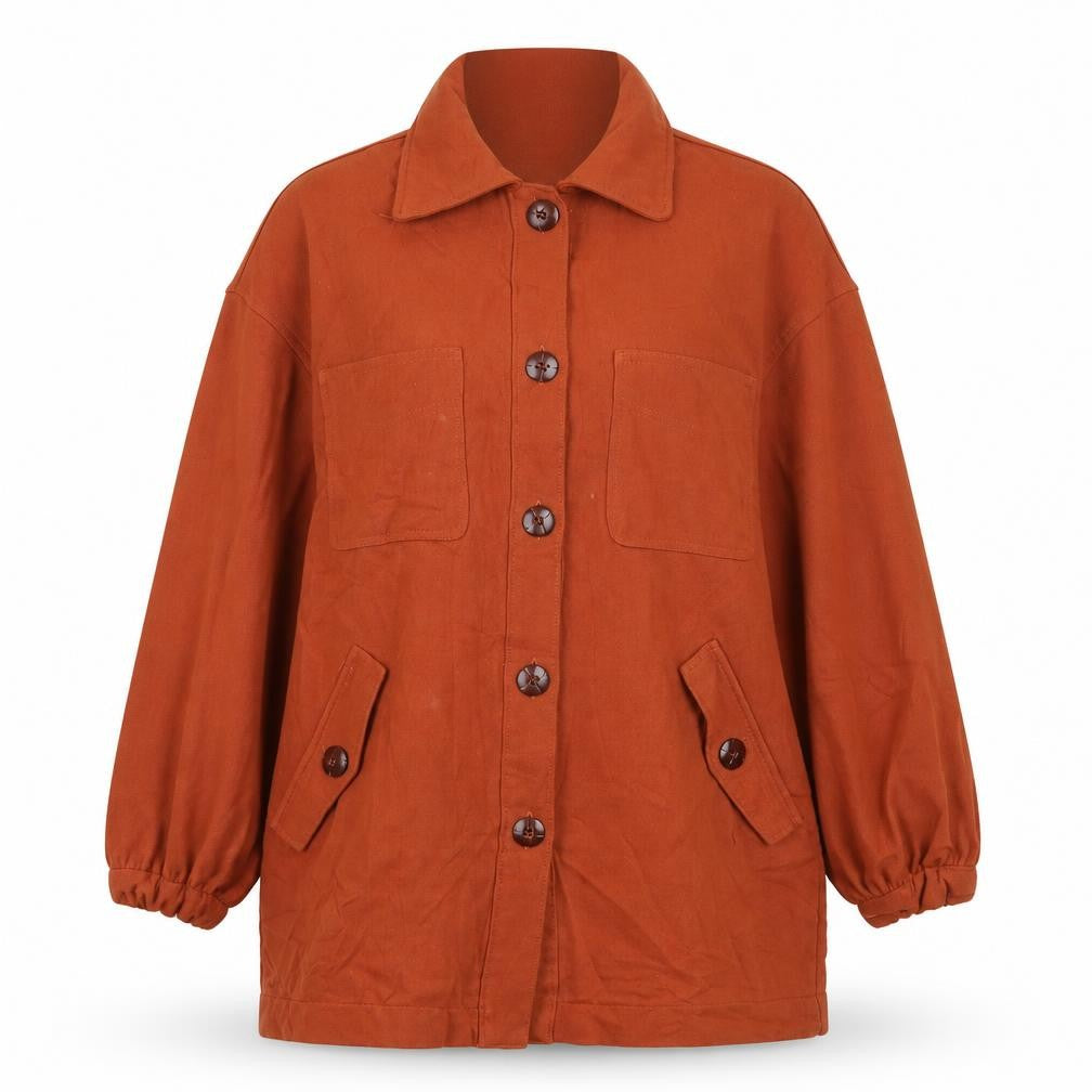 Front view of H&M Women's Brown Button-Up Long Sleeve Shirt, size 8