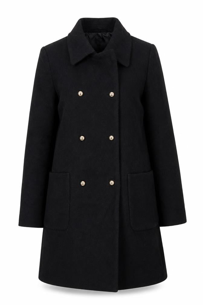 Front view of Mango Women's Black Wool Blend Pea Coat, size 8, Buttoned