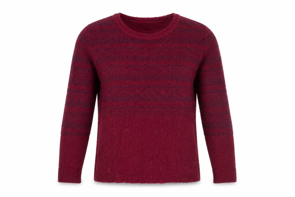 Front view of Crew Clothing women’s red striped jumper, size UK 14