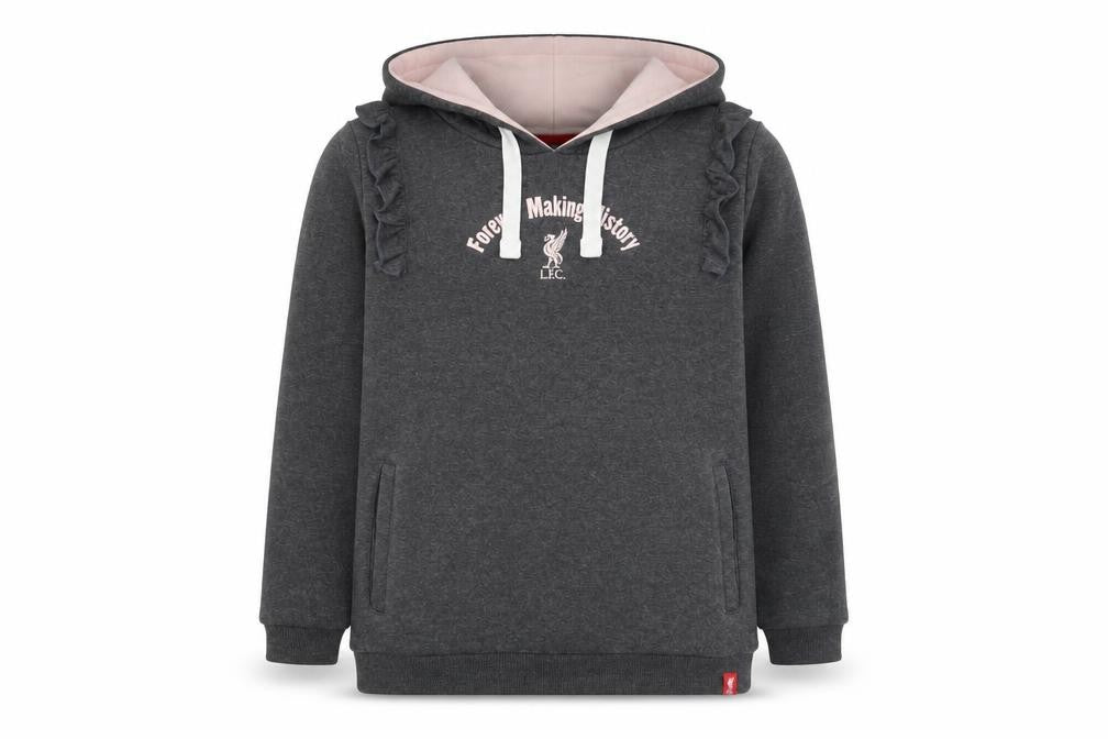 Front view of LFC girls’ grey hoodie, 11-12 years, ruffle logo pullover