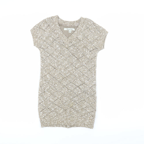 Massimo Dutti Girls Beige Argyle Knit Dress V-Neck 5-6 Years