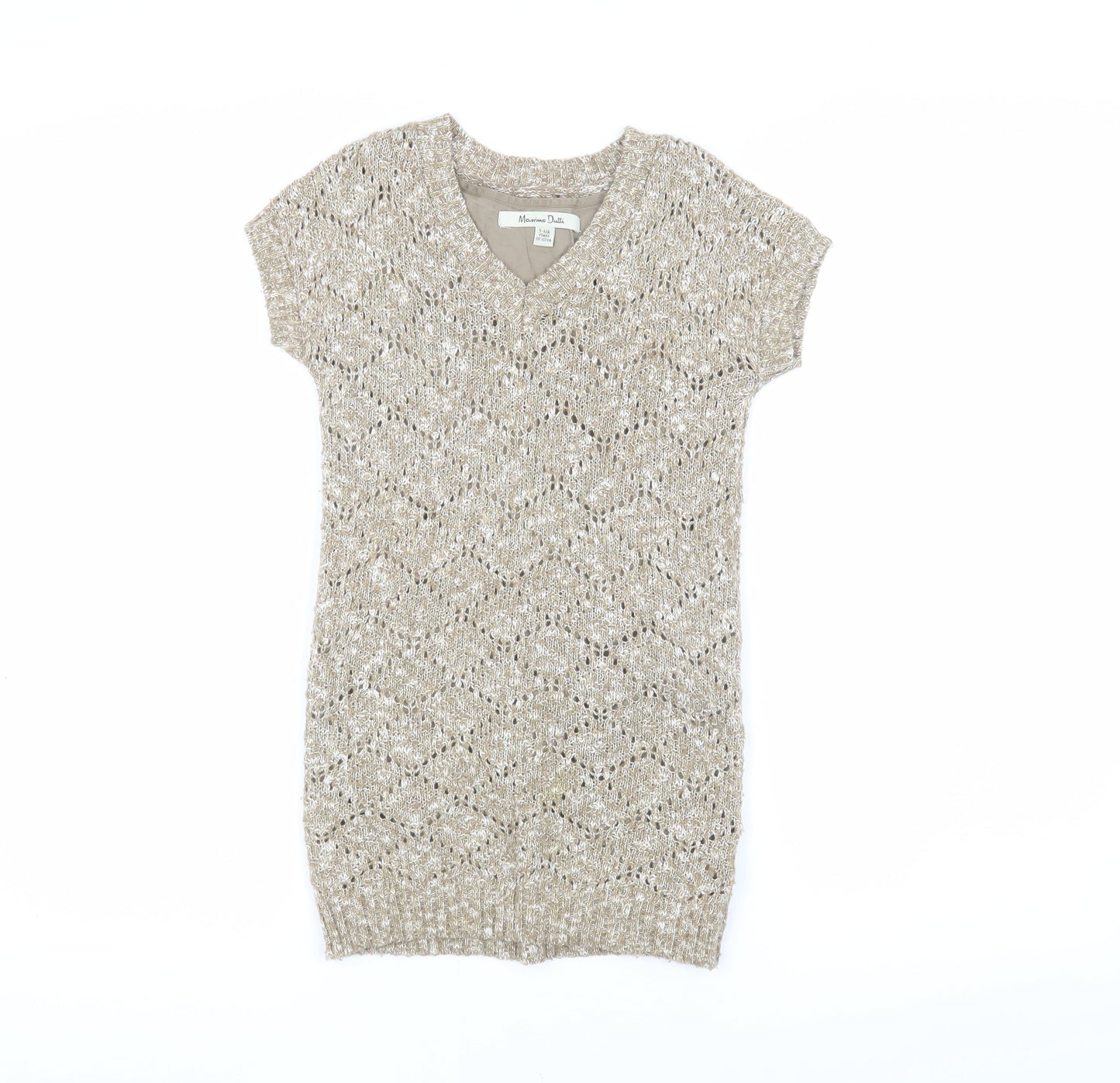 Massimo Dutti Girls Beige Argyle Knit Dress V-Neck 5-6 Years