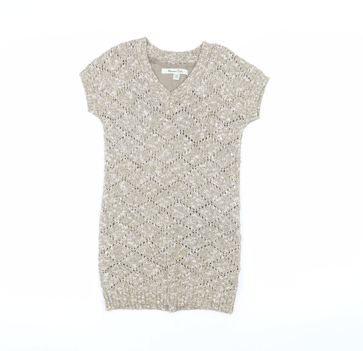 Massimo Dutti Girls Beige Argyle Knit Dress V-Neck 5-6 Years