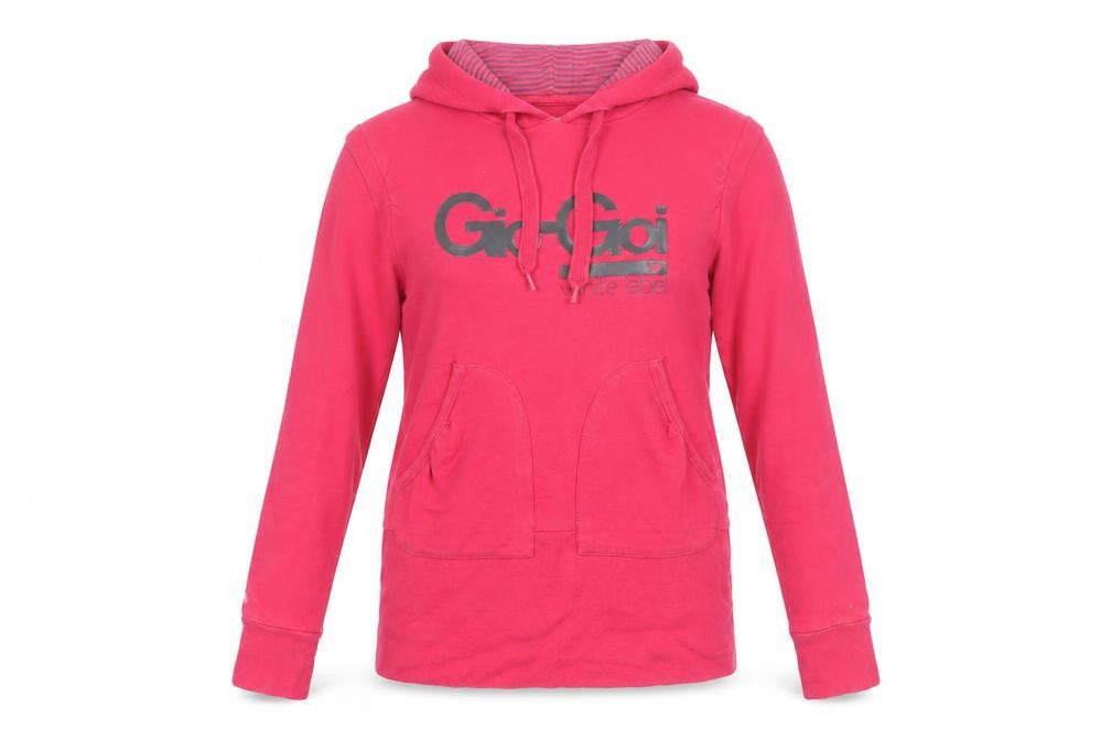 Front view of Gio Goi Women's Pink Logo Hoodie, size S, Pullover