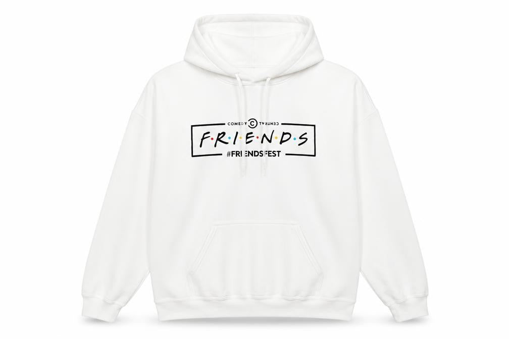 Front view of Friends unisex white pullover hoodie m logo