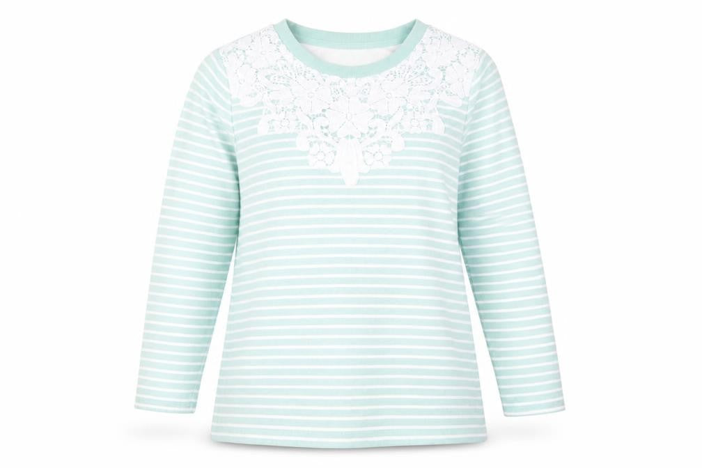 Front view of Bonmarché Women's Blue Striped Lace Pullover -, size 16