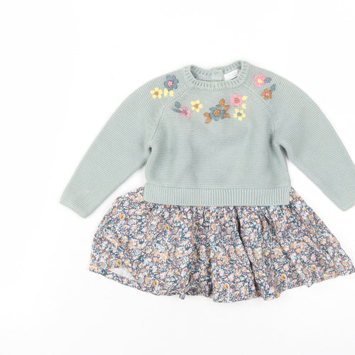 Next Girls Green Floral Knit Dress 3-6 Months, Long Sleeve