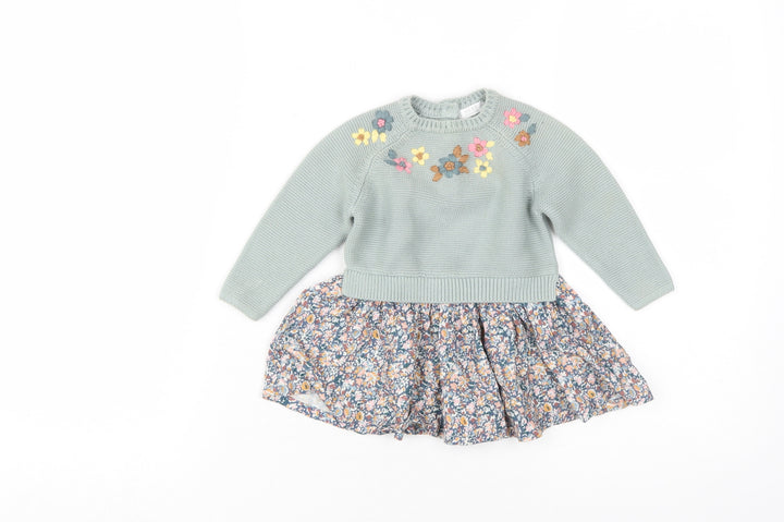 Next Girls Green Floral Knit Dress 3-6 Months, Long Sleeve