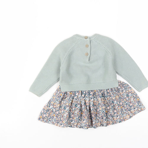 Next Girls Green Floral Knit Dress 3-6 Months, Long Sleeve