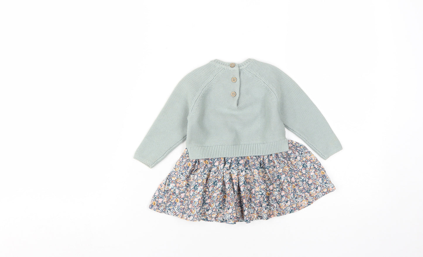 Next Girls Green Floral Knit Dress 3-6 Months, Long Sleeve