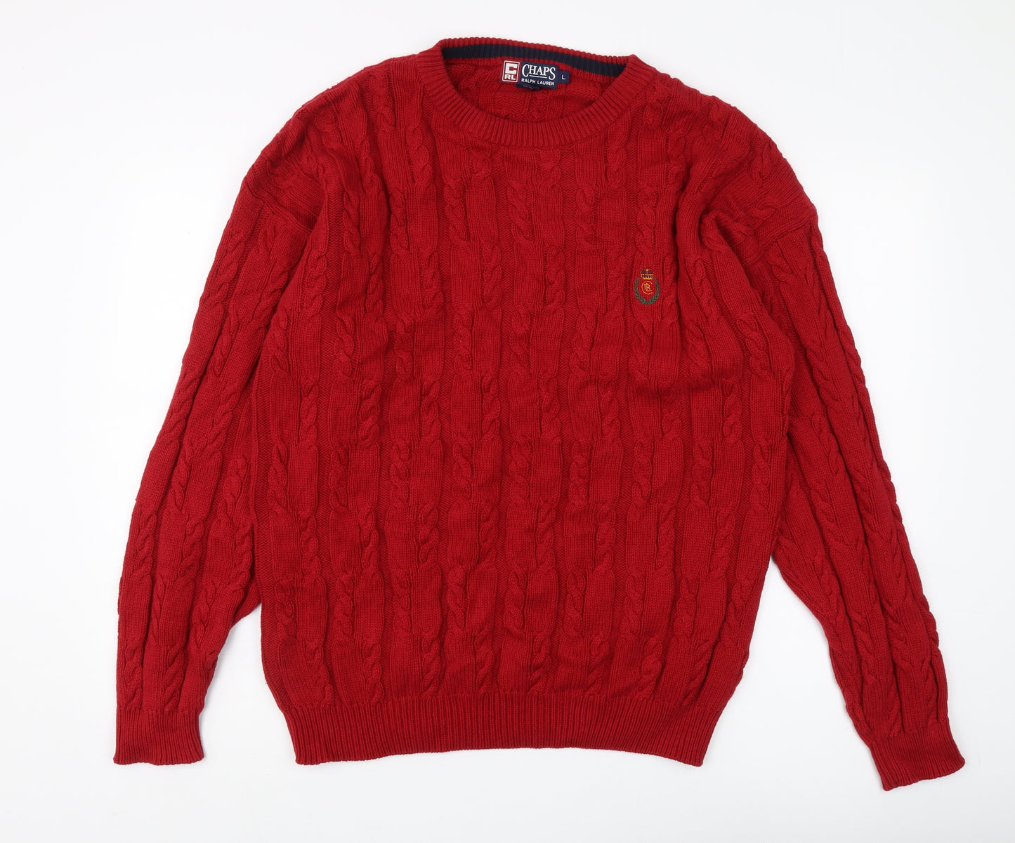 Chaps Ralph Lauren Men's Red Cable Knit Jumper Size L