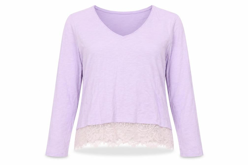 Front view of East Women's Purple V-Neck Lace Hem Blouse, size M