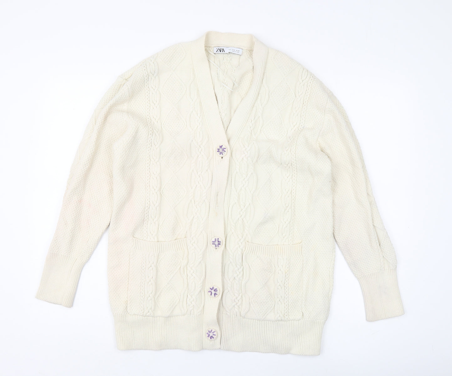 Zara Women's Ivory Cardigan Jumper, S, Cable-Knit