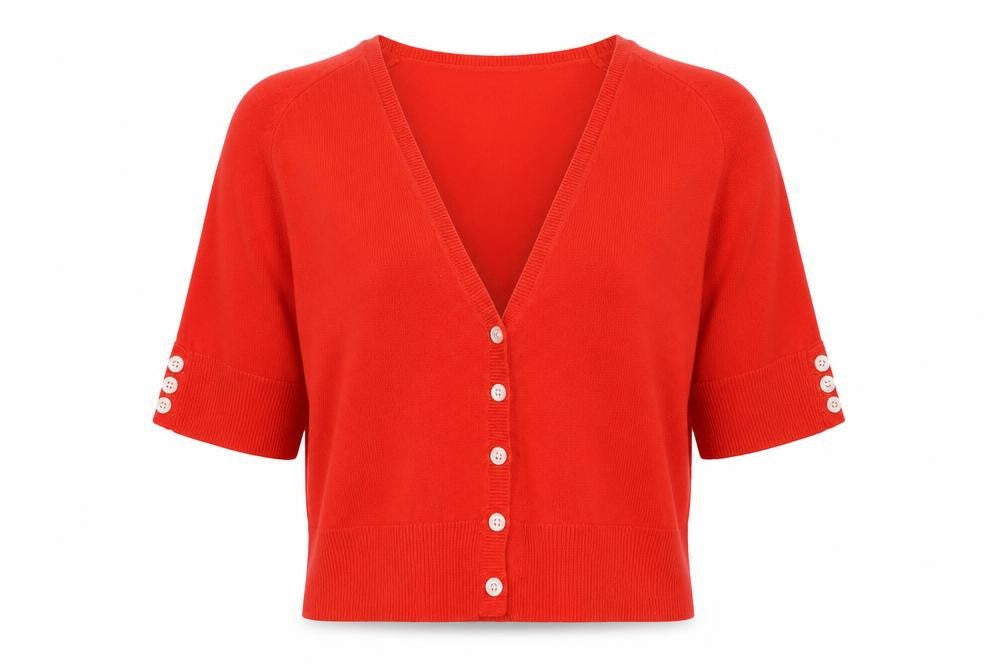 Front view of Next Women's Red Cardigan, size 14, V-Neck, Button Accent