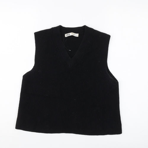 Zara Women's Black Knit Vest M V-Neck Sleeveless Jumper