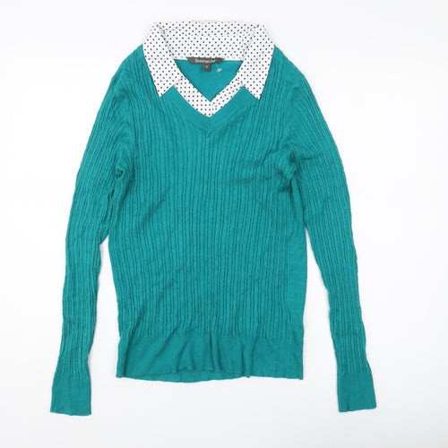 Bonmarché Women's Green V-Neck Cable Knit Pullover Jumper Size 10