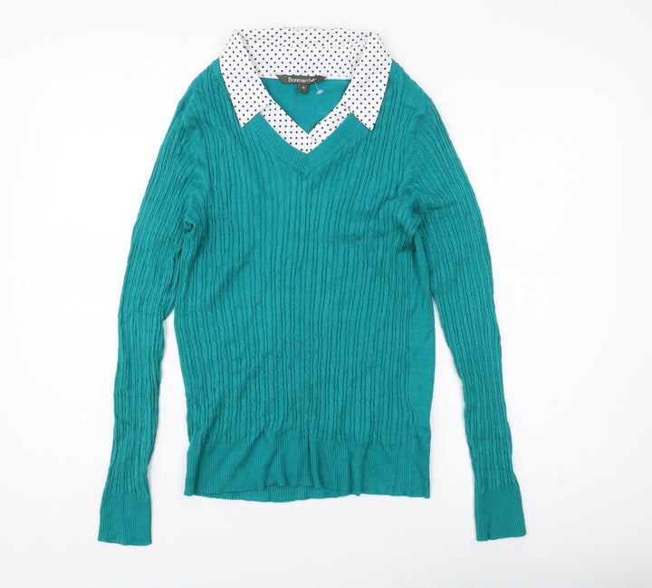 Bonmarché Women's Green V-Neck Cable Knit Pullover Jumper Size 10