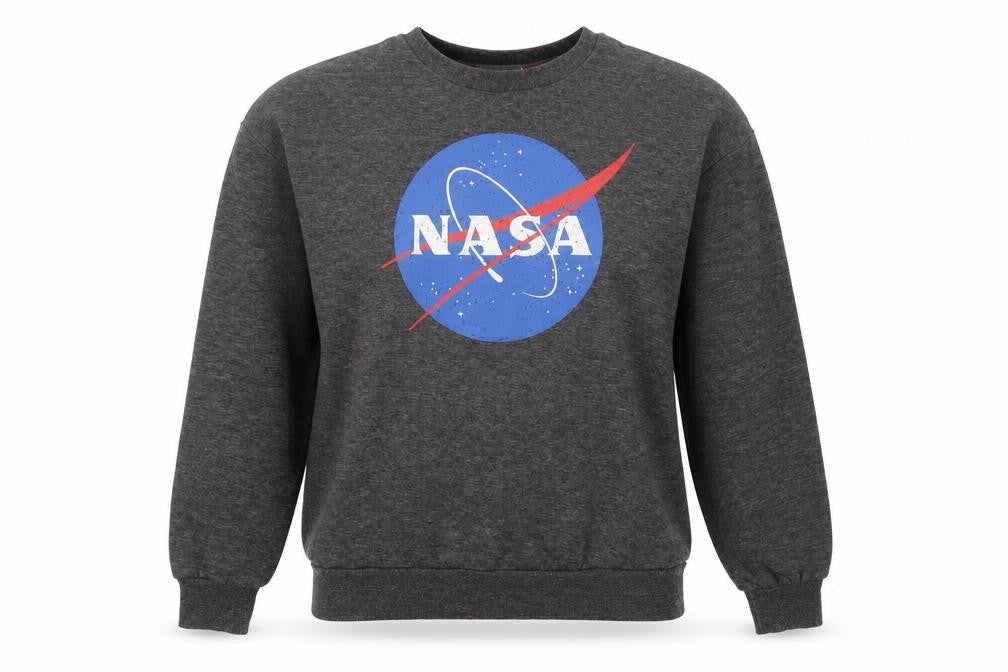 Front view of NASA unisex grey logo graphic sweatshirt, size 8, pullover