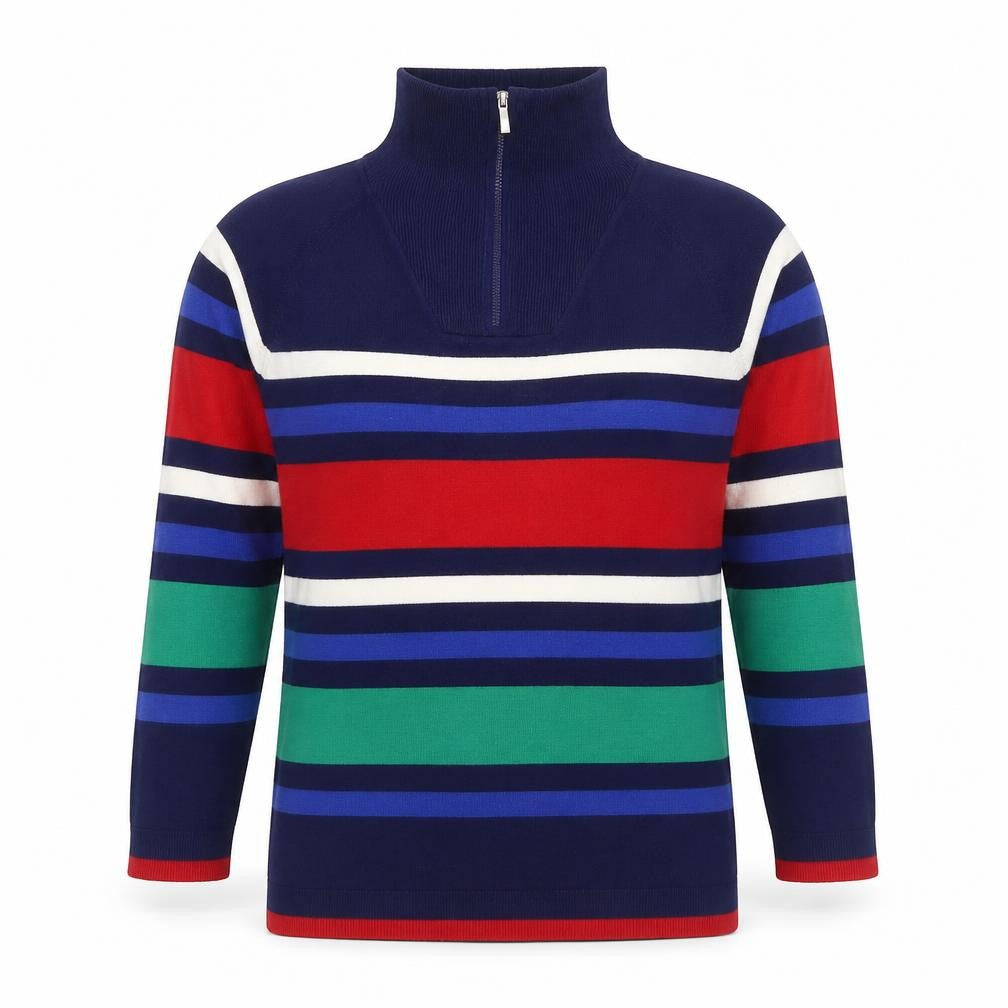 Front view of ISLE Women's Multicoloured Roll Neck Striped Full Zip Jumper - S