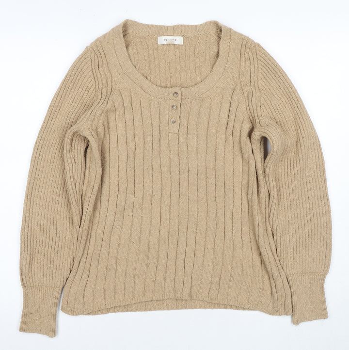 PER UNA Women's Beige Henley Jumper, Size M, Cotton Blend, Long Sleeve
