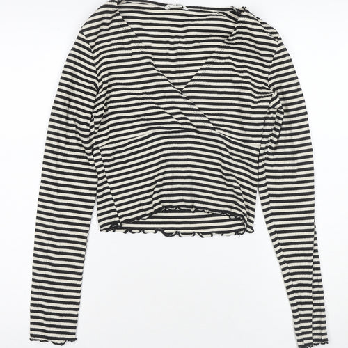 Monki Women’s Black Striped Wrap Blouse, Size S