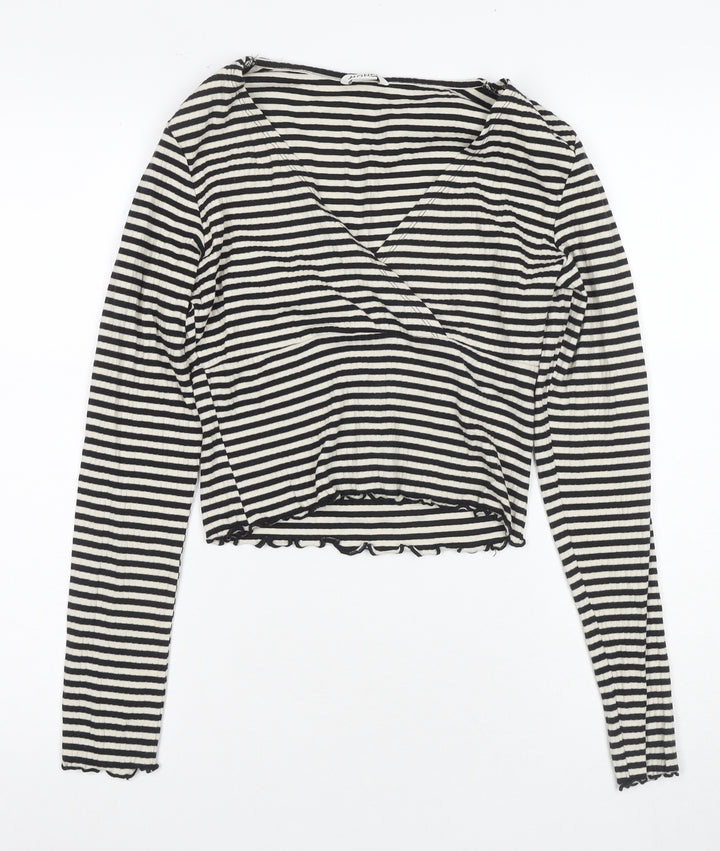 Monki Women’s Black Striped Wrap Blouse, Size S
