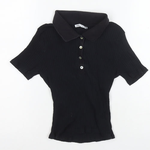 Zara Women's Black Polo Shirt, Size 8, Slim Fit, Button-Up