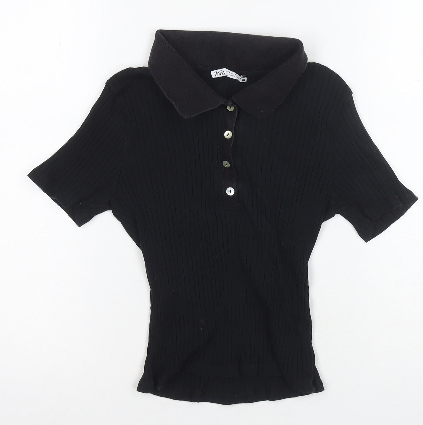 Zara Women's Black Polo Shirt, Size 8, Slim Fit, Button-Up