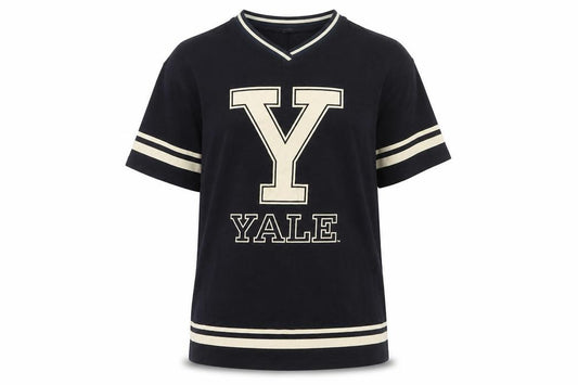 Front view of H&M unisex kids black ringer t-shirt, 10-11 years, yale logo