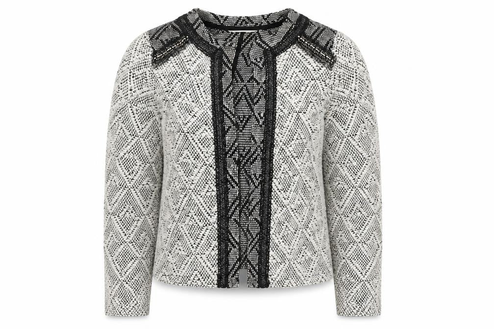 Front view of Miss Selfridge Women's Black Geometric Blazer, size 12