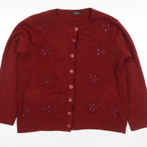 BJM Red Women's Cardigan M Acrylic Beaded Buttons