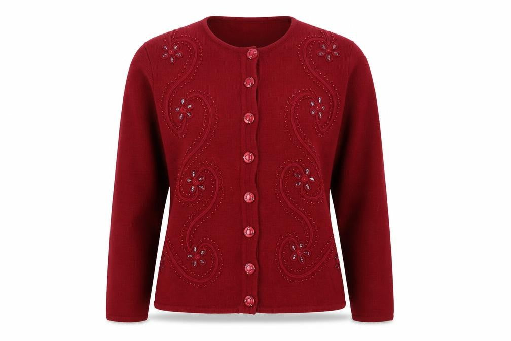 Front view of BJM Red Women's Cardigan M Acrylic Beaded Buttons
