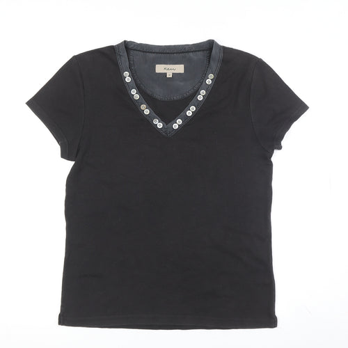 Ken Women's Black V-Neck T-Shirt, Size M, Button Accent