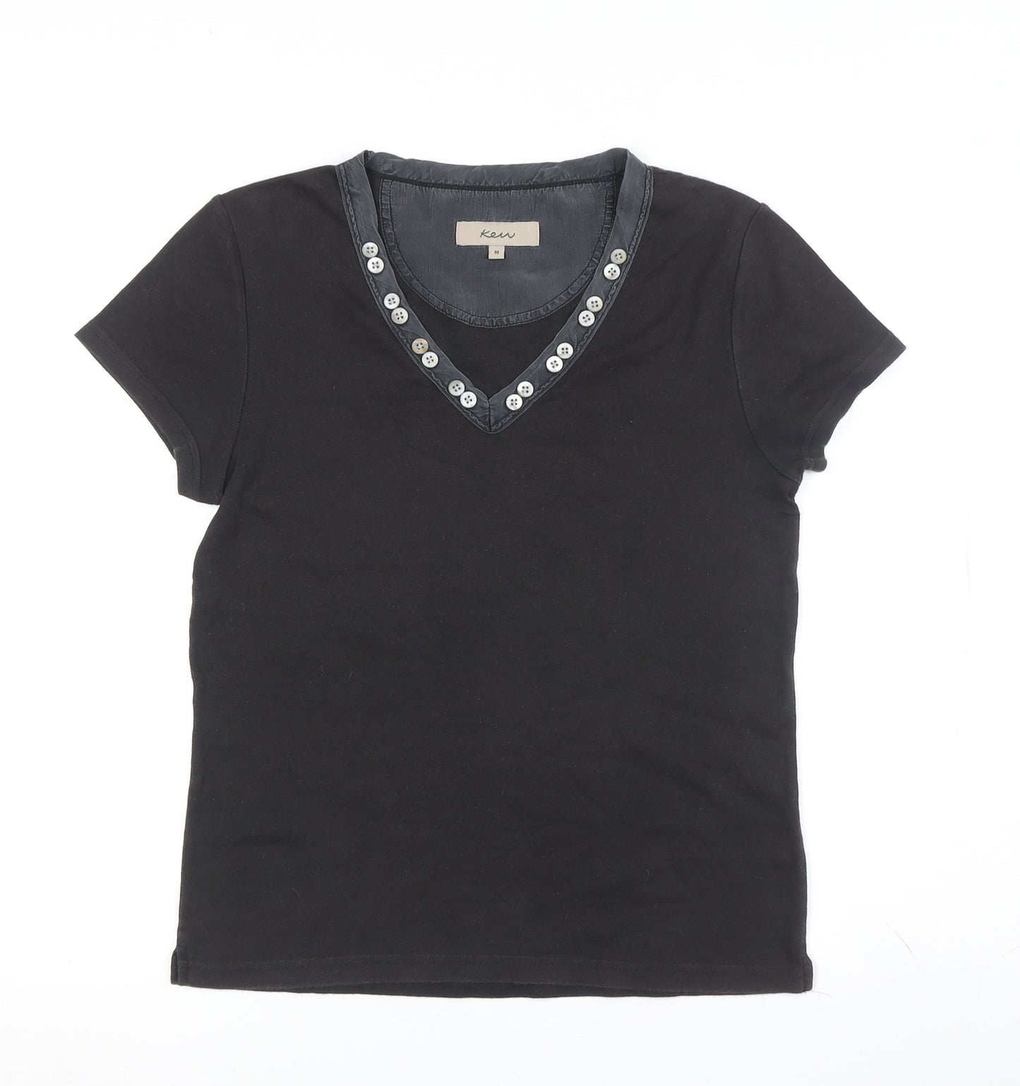 Ken Women's Black V-Neck T-Shirt, Size M, Button Accent